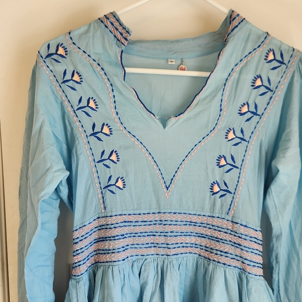 Celia Womens Blue Maxi Dress Tiered Long Sleeve Size S READ #D3 - Picture 4 of 8